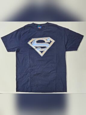 Superman Graphic T-Shirt, "Tribal Chrome Shield" Size Large, Navy Blue Tee Shirt